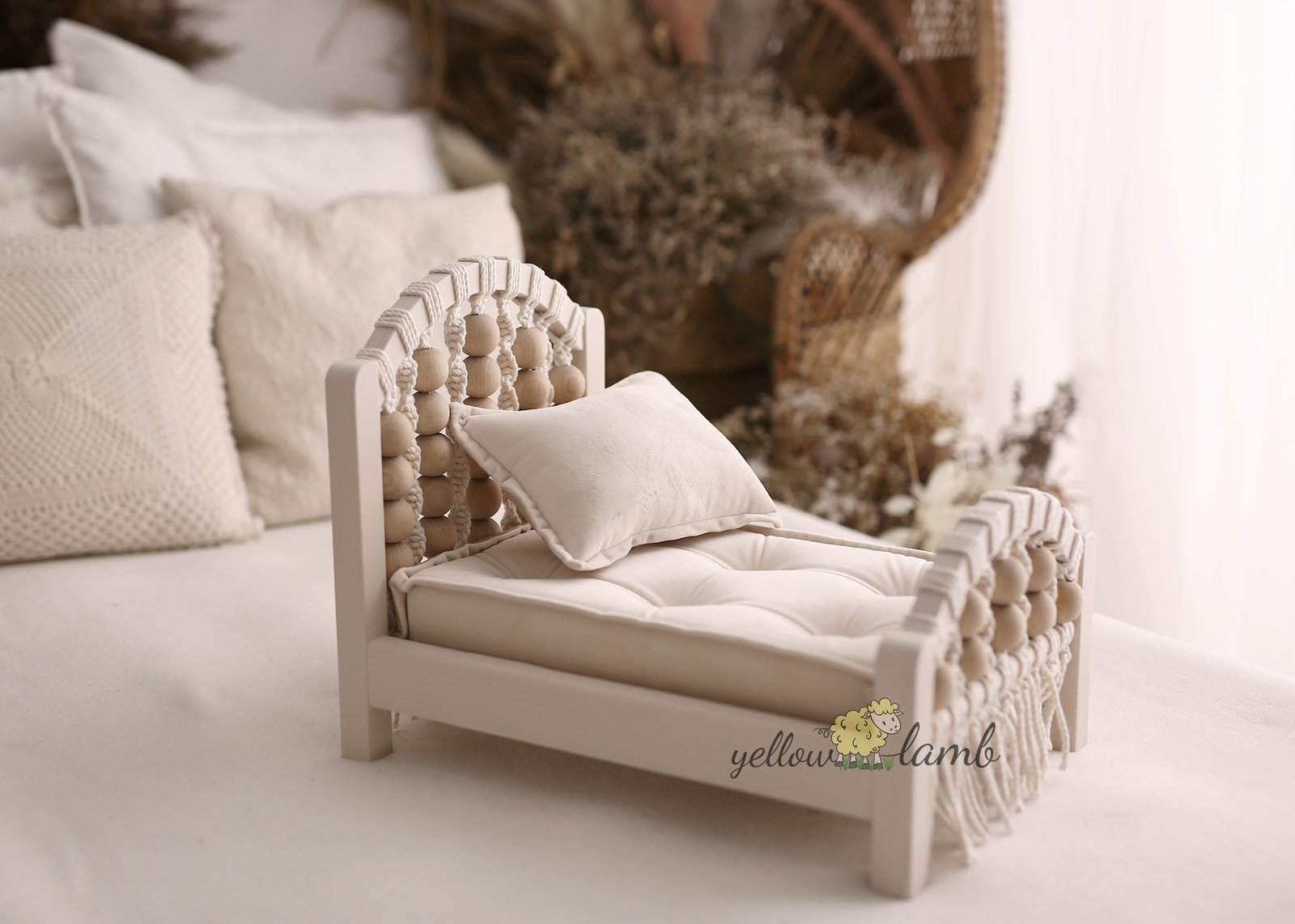 Cream macrame bench popular with two sieded matress, two pillows and headband